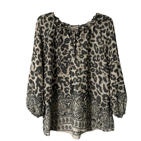 Como Vintage Women’s Blouse Leopard Gathered Scoop Neck with Tie Top Size-L - Picture 1 of 7
